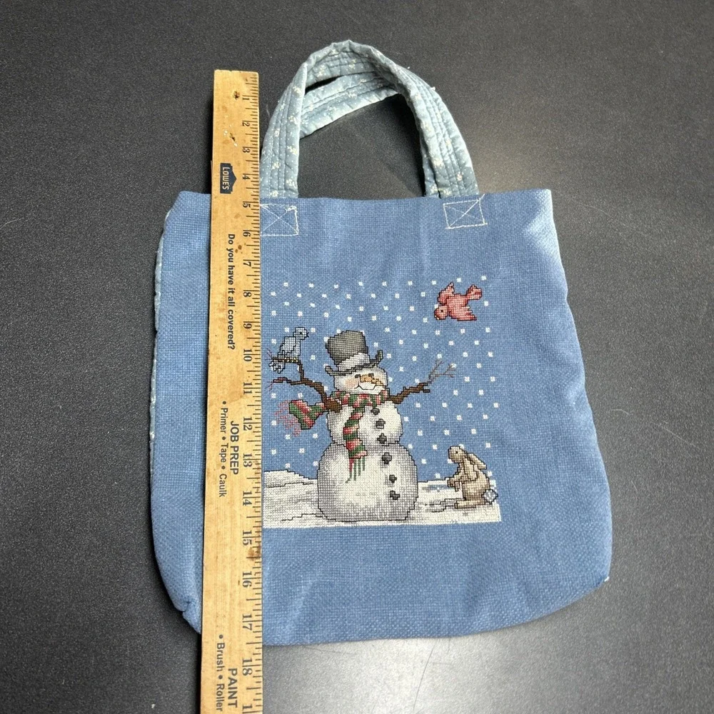 Finished Cross Stitch Country Christmas Snowmen Vintage Tote Bag